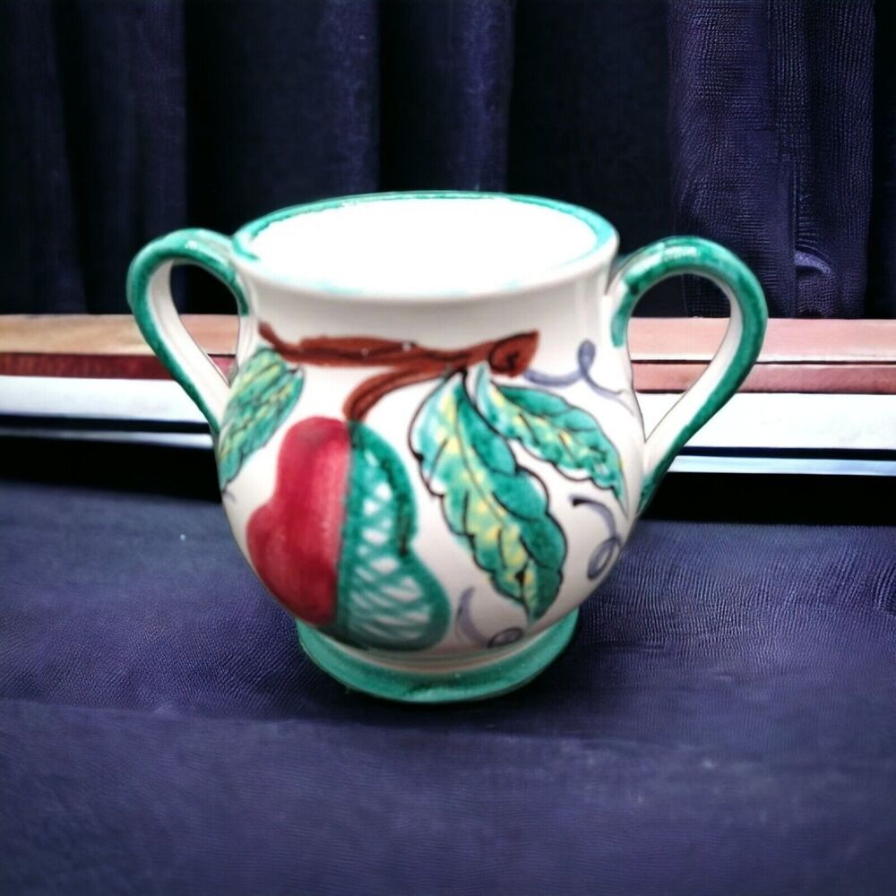 Italian Pottery Two Handle Painted Fruit Pear Small Vase Signed Italy 11/89
